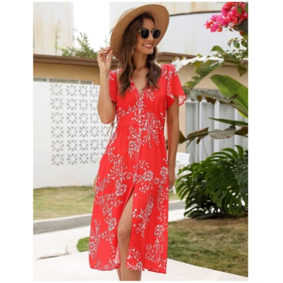 Red Floral Button-Up Flutter Sleeve V-Neck Midi Dress with Pockets XL - Picture 1 of 14